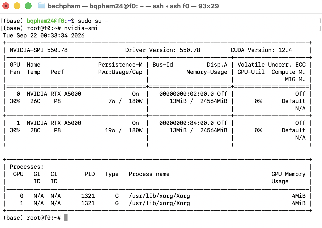 GPU status check on Faraday showing two NVIDIA RTX A5000 GPUs and CUDA 12.4.