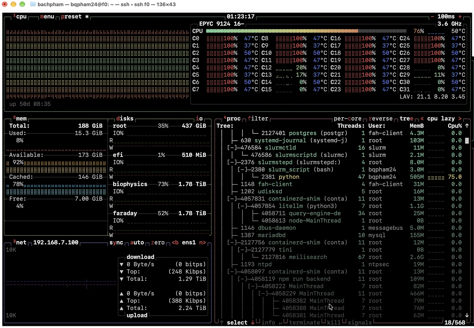 Faraday terminal monitoring view showing CPU activity, memory, disks, and running processes.